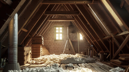 Sunbeams illuminate an attic under renovation, filled with wooden planks and construction tools.