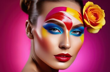 Naklejka premium Beautiful young woman with multi-colored paints on her face. Woman with many flowers and bright color make-up.