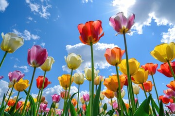 Multicolored tulips against a blue sky