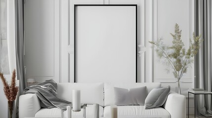 Modern living room with two square frame mockup, gray color sofa and interior decoration. 3d rendering, interior design, 3d illustration ai generated