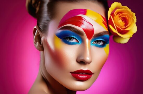 Beautiful young woman with multi-colored paints on her face. Woman with many flowers and bright color make-up.