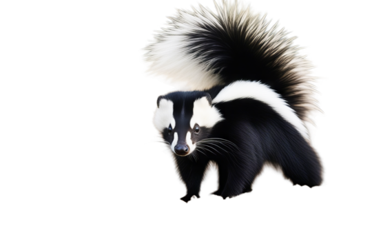 striped mephitis skunk alert alertness animal black creature explore fluffy fur isolated on white mammal moving odour omnivorous pass passing pet smelling sniff sniffing standing up tail vertebrate