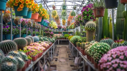 colorful flower seedlings and cacti nestled in pots, flourishing on shelves within a modern plantations warehouse, the bustling atmosphere of a garden center or home gardening shop interior.
