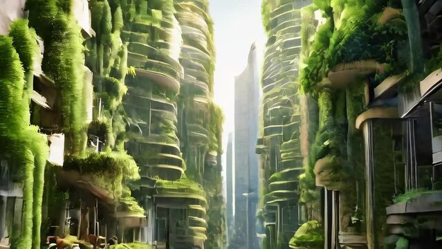 Vertical garden city, where skyscrapers are covered in lush greenery and hanging gardens. Wide view of the city, emphasizing the integration of nature and architecture. Motion
