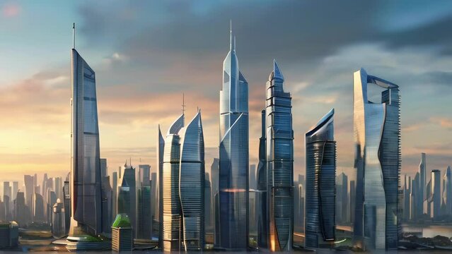 Futuristic cityscape with skyscrapers. Modern city skyline. Sleek skyscrapers under a dawn sky. High-rise buildings. Concept of urban architecture, modern living, and future cityscapes.