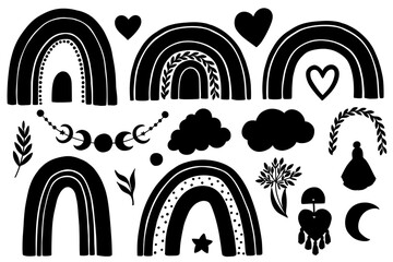 Set of hand drawn black and white boho rainbow and celestial objects silhouette. Cute doodle rainbow with twigs, cloud, hearts, tassel and flower. Vector illustration for baby nursery design.
