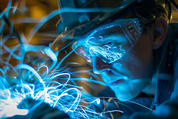 An abstract image of an electrician at work in an apartment, the room filled with the blue light of an electrical arc.