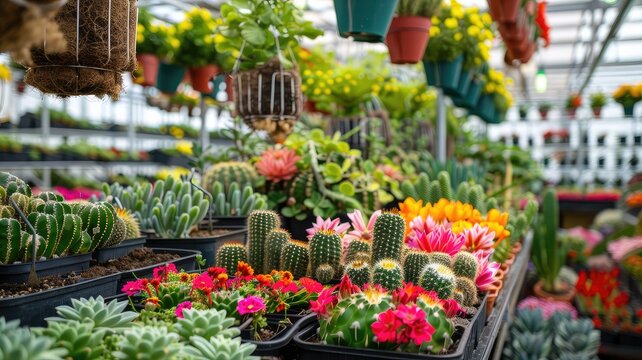 colorful flower seedlings and cacti nestled in pots, flourishing on shelves within a modern plantations warehouse, the bustling atmosphere of a garden center or home gardening shop interior.