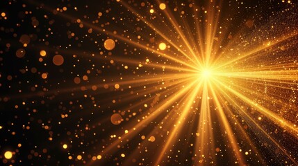 Abstract creative background. Star-like sunburst patterns and gold bokeh on black background