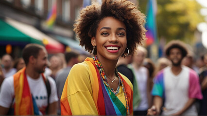 Portrait of beautiful young woman on the street during pride parade with rainbow LGBT flag in the background - obrazy, fototapety, plakaty