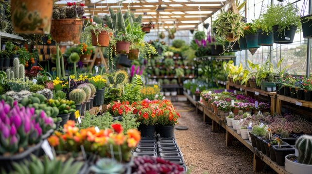 colorful flower seedlings and cacti nestled in pots, flourishing on shelves within a modern plantations warehouse, the bustling atmosphere of a garden center or home gardening shop interior.