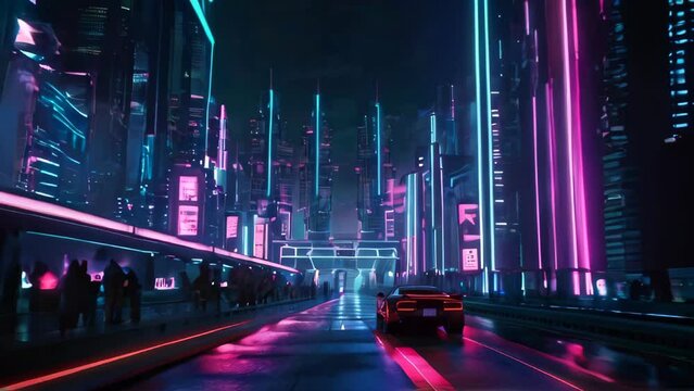 Futuristic sports car driving down the neon lit city street. Vibrant cyberpunk cityscape at night with sport car. Concept of future urban transport, neon aesthetics, and advanced technology.