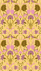 Oriental yellow and lilac floral ornament. Colorful template for wallpaper, carpet, textile and any surface. Ornamental pattern with filigree details. - 768215092
