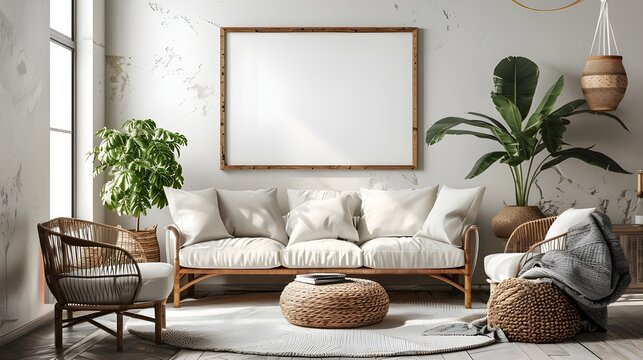 Modern living room with two square frame mockup, gray color sofa and interior decoration. 3d rendering, interior design, 3d illustration ai generated 