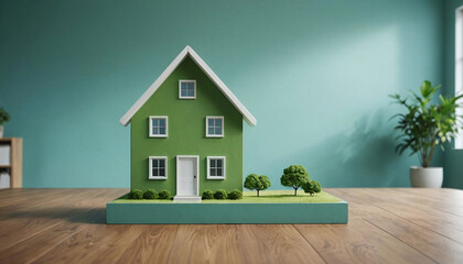 Modèle miniature de maison sur une table, isolée sur fond bleu. Concept construction immobilier vert et durable - IA générative	 - obrazy, fototapety, plakaty