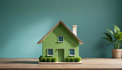 Modèle miniature de maison sur une table, isolée sur fond bleu. Concept construction immobilier vert et durable - IA générative	 - obrazy, fototapety, plakaty