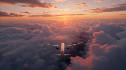 A plane flies high above the clouds at sunset. The sky is a brilliant orange, and the clouds are a...