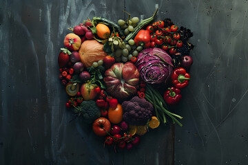 Heart shape made with various vegetables and fruits - 768215619