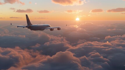 A beautiful sunset view from the window seat of an airplane. The plane is flying high above the clouds, and the sun is just setting below the horizon.