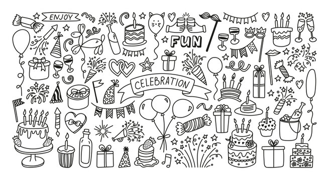 Big celebration doodle collection. Hand drawn party time clipart for birthday or holiday