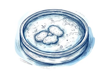 A detailed drawing depicting a bowl of soup with three rocks placed inside, creating an interesting visual composition, A hand-drawn sketch of a Petri dish, AI Generated