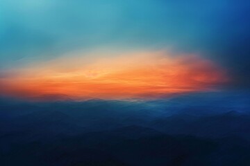 This photo depicts a painting featuring a vibrant sunset casting warm hues over a majestic mountain range, A harmonic gradient of sunset hues from deep orange to twilight blue, AI Generated