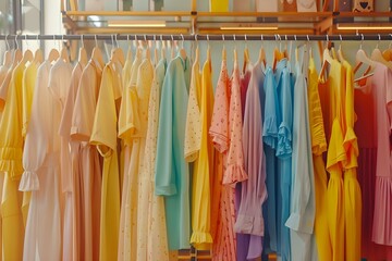 Colorful clothing hanging on racks in a boutique shop showcasing a variety of stylish womens fashion items. Concept Fashion Boutique, Stylish Clothing, Colorful Apparel, Women's Clothing