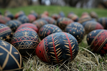 Wooden carved eggs with traditional patterns. Black and red colors dominate.