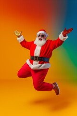 Fototapeta na wymiar full body visible, isolated rainbow background, Santa Claus with sunglasses, laughing, fun, marketing poster, marketing campaign, satured colors, vivid colors, vivid, realistic