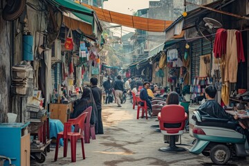 A diverse group of individuals walking together down a bustling city street lined with tall buildings, A hair salon setup in a bustling open-air market, AI Generated - obrazy, fototapety, plakaty