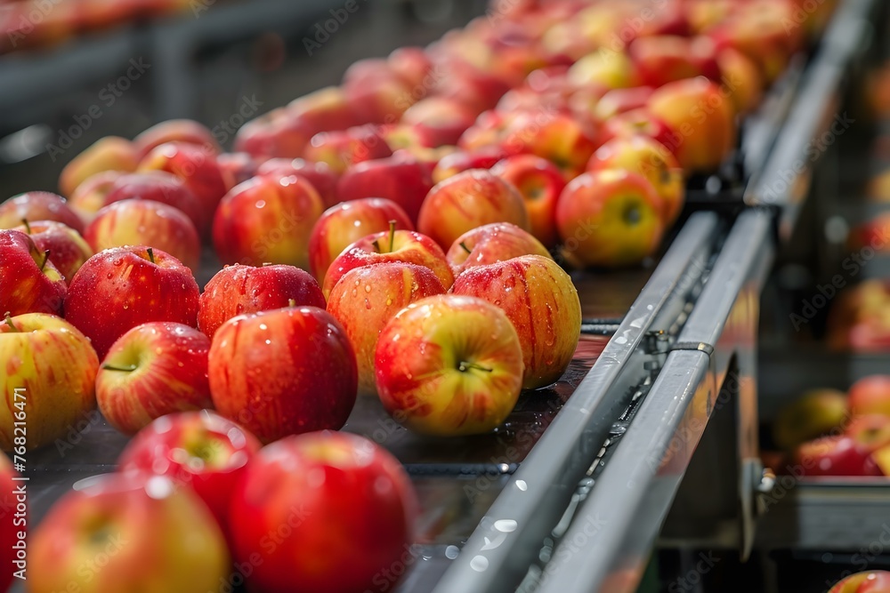 Poster sorting and washing apples on a production line for distribution and export. concept food processing