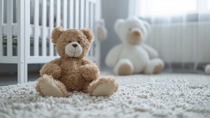 a fluffy teddy bear toy resting on the carpet within an empty baby's nursery room, adorned with white furniture and grey walls, exuding a cozy ambiance.