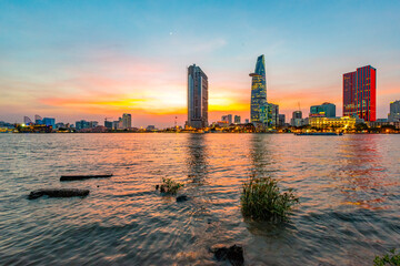 Saigon - Vietnam. December 14, 2015. City wiev on sun set in Ho Chi Minh City, Vietnam.   - obrazy, fototapety, plakaty