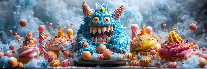 A whimsical monster resembling a dessert stands,
A pink cupcake with a pink icing and a blue background 