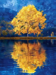 A painting depicting a trees reflection in the water, capturing the symmetry and tranquility of the scene