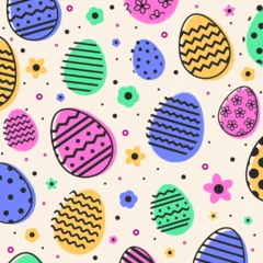  Cute and simple Easter background. Seamless pattern with modern style eggs. Banner. Vector illustration © One Pixel Studio
