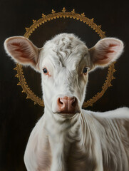 Pure White Calf with Medieval / Renaissance Style Halo, Holy Cow