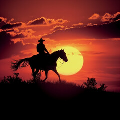 A cowboy in the wild west, at sunset a cowboy on a wild horse is particularly scary - the image is of very high quality



