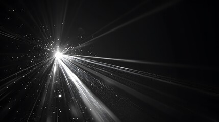 Light rays and particles. Black and white abstract background.
