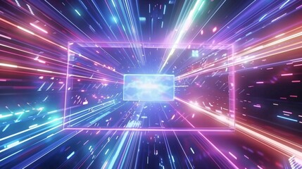 High-velocity light tunnel with streaks and a central frame, resembling a journey through hyperspace.