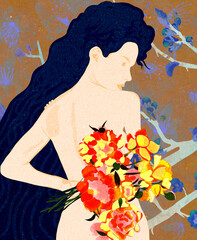Młoda kobieta z długimi włosami i bukietem kwiatów na barwnym abstrakcyjnym tle.
