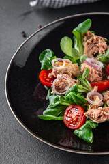 tuna salad, tomato, green leaf lettuce, onion healthy eating cooking appetizer meal food snack on the table copy space food background rustic top view
