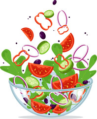 Various chopped fresh vegetables fall into a transparent glass bowl on a transparent background.