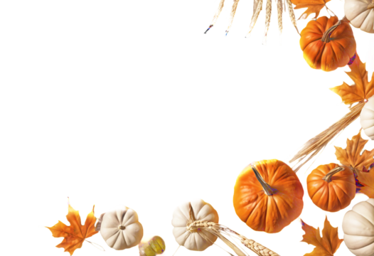 pumpkins wheat flatlay copy maple background Wooden leaves ears space - Powered by Adobe