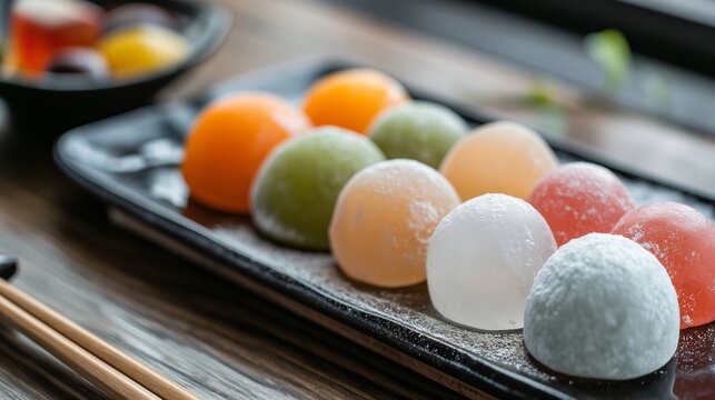 Colorful Close-Up photo of mochi dessert. Traditional Japanese sweet rice cakes with sweet fillings.