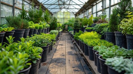 a large greenhouse filled with numerous small green shrubs housed in black pots of thujas and boxwood, flourishing under the transparent glass roof on a radiant sunny day.