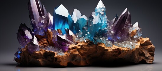 A cluster of gold, copper, and quartz crystals shimmer in shades of white, blue, and purple atop a gray rock in a mine.