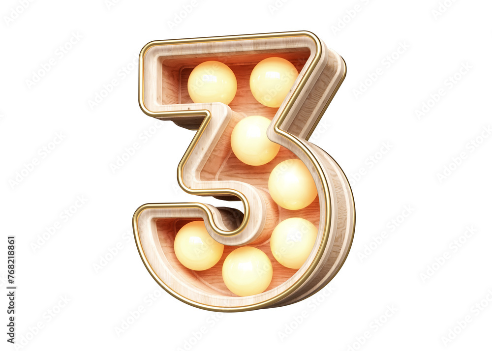 Poster wooden 3d font with light bulbs digit number 3. high quality 3d rendering.