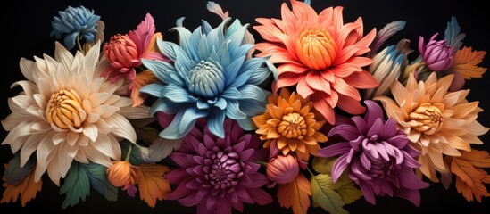 A cluster of vibrant chrysanthemum flowers in various colors, including pink, yellow, purple, and white, contrasting beautifully against a stark black background.