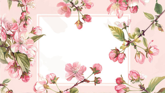 Sakura Pink cherry blossom boarder frame with white copy space background watercolour style. Wedding card.